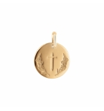 PENDENTIF PLAQUÉ OR MEDAILLE RONDE 15MM AVEC CROIX ET RAMEAU 