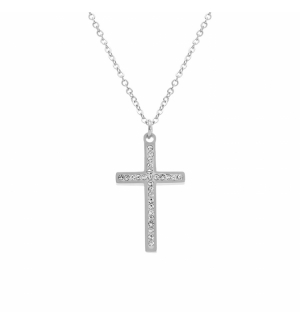 COLLIER ACIER CROIX ET STRASS 40+5CM