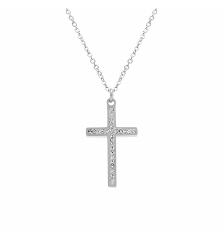 COLLIER ACIER CROIX ET STRASS 40+5CM