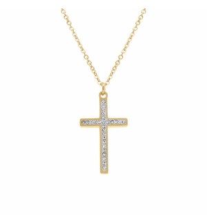 COLLIER ACIER DORÉ CROIX ET STRASS 40+5CM