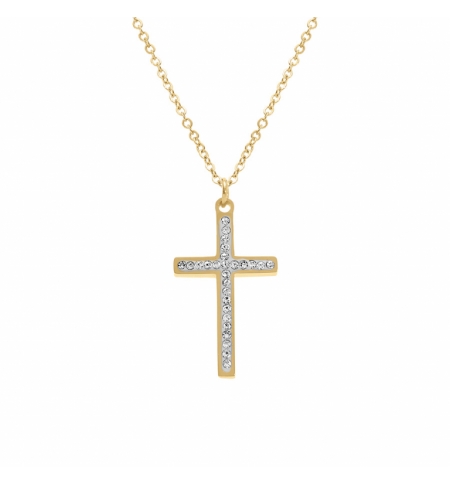 COLLIER ACIER DORÉ CROIX ET STRASS 40+5CM