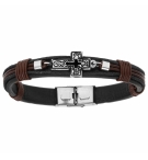 BRACELET ACIER ET CUIR BOVIN NOIR ET MARRON AVEC CROIX 20,5CM RÉGLABLE
