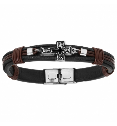 BRACELET ACIER ET CUIR BOVIN NOIR ET MARRON AVEC CROIX 20,5CM RÉGLABLE BRACELET ACIER ET CUIR BOVIN NOIR ET MARRON AVEC CROIX 20,5CM RÉGLABLE