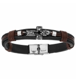 BRACELET ACIER ET CUIR BOVIN NOIR ET MARRON AVEC CROIX 20,5CM RÉGLABLE