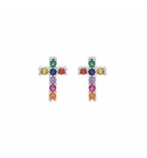 BOUCLES D'OREILLES TIGE ARGENT RHODIÉ CROIX 10 X 8 MM PIERRES SYNTHETIQUE MULTI 