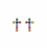 BOUCLES D'OREILLES TIGE ARGENT RHODIÉ CROIX 10 X 8 MM PIERRES SYNTHETIQUE MULTI 