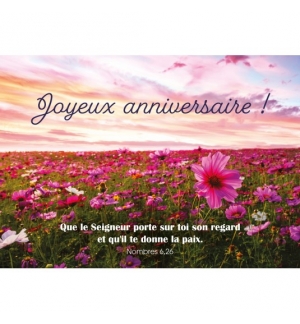 Carte avec verset Champ de fleurs roses au coucher du soleil