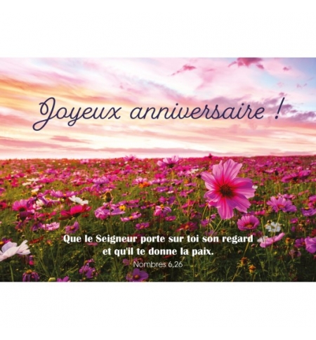 Carte avec verset Champ de fleurs roses au coucher du soleil