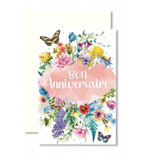 Carnet Joyeux Anniversaire Fleurs et papillons sur fond rose