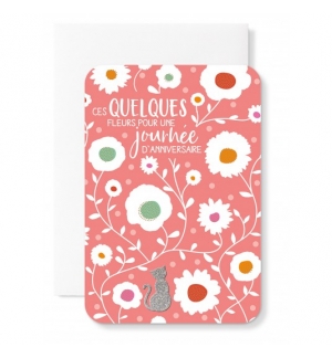 Carnet Joyeux Anniversaire Fleurs sur fond rose, chat argenté