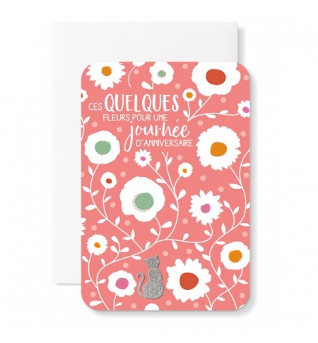 Carnet Joyeux Anniversaire Fleurs sur fond rose, chat argenté Carnet Joyeux Anniversaire Fleurs sur fond rose, chat argenté