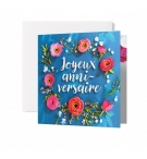 Carte double Anniversaire Couronne de fleurs sur fond bleu