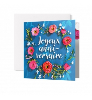 Carte double Anniversaire Couronne de fleurs sur fond bleu