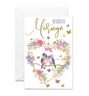 Carte Heureux mariage Couple d'oiseaux au milieu d'un coeur