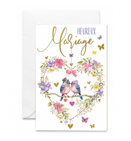 Carte Heureux mariage Couple d'oiseaux au milieu d'un coeur Carte Heureux mariage Couple d'oiseaux au milieu d'un coeur