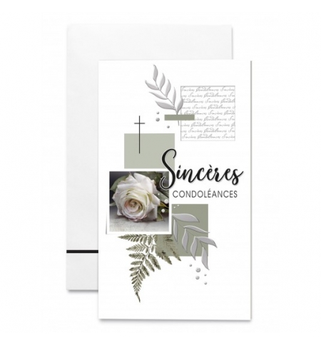 Cartes Sinceres Condoléances Rose blanche et feuillages dorés