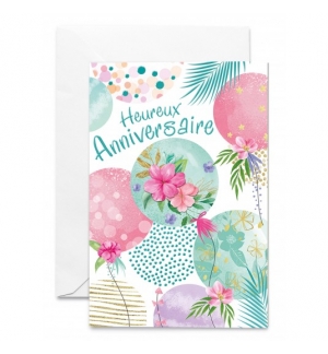 Cartes Heureux Anniversaire Cercles fleuris colorés avec feuilles vertes dorées