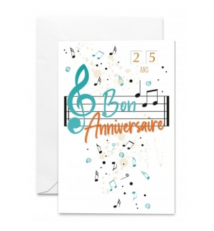 Carte Heureux Anniversaire Notes de Musique vent dorés,avec tirettes dorées