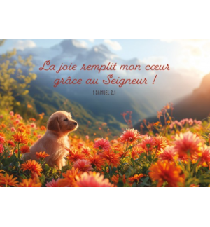 Carte avec verset Chiot  dans un champ de fleur dans la montagne