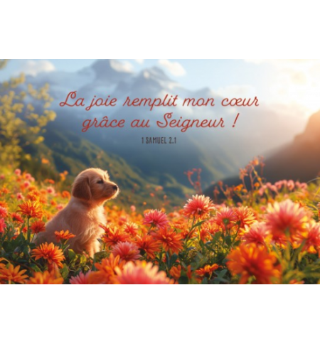 Carte avec verset Chiot  dans un champ de fleur dans la montagne