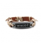 Bracelet en cuir brun, plaque métal "WWJD ?"