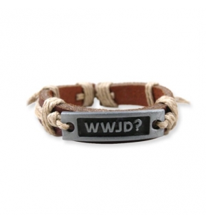 Bracelet en cuir brun, plaque métal "WWJD ?"