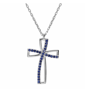 COLLIER ARGENT RHODIÉ PENDENTIF CROIX OXYDE BLEU SERTI 40+5CM 