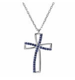 COLLIER ARGENT RHODIÉ PENDENTIF CROIX OXYDE BLEU SERTI 40+5CM 