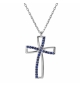 COLLIER ARGENT RHODIÉ PENDENTIF CROIX OXYDE BLEU SERTI 40+5CM 