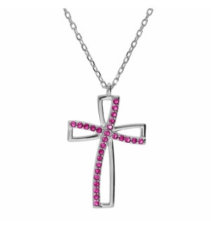 COLLIER ARGENT RHODIÉ PENDENTIF CROIX OXYDE ROSE SERTI 40+5CM