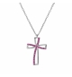 COLLIER ARGENT RHODIÉ PENDENTIF CROIX OXYDE ROSE SERTI 40+5CM