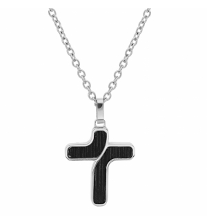 COLLIER ACIER PENDENTIF CROIX dim 25x20 mm ASPECT BOIS NOIR 50+5CM 