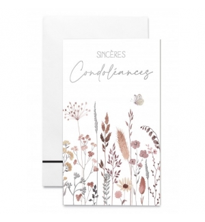 Cartes Sinceres Condoléances Fleurs roses et argentées et papillon