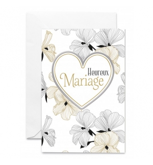 Carte  Heureux mariage Coeur argenté sur fond blanc