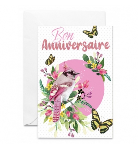 Cartes Heureux Anniversaire Oiseau, fleurs et papillons sur fond rose Cartes Heureux Anniversaire Oiseau, fleurs et papillons sur fond rose