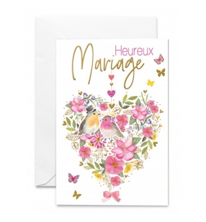 Carte Heureux Mariage Couple d'oiseaux au milieu d'un coeur fleuri rose