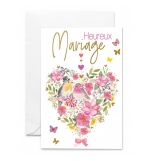 Carte Heureux Mariage Couple d'oiseaux au milieu d'un coeur fleuri rose
