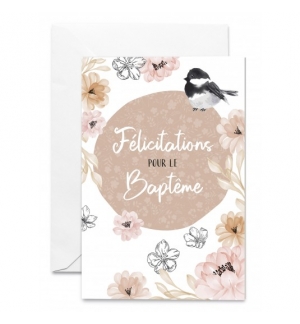 Carte Baptême Fleurs vintages et oiseau