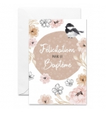 Carte Baptême Fleurs vintages et oiseau