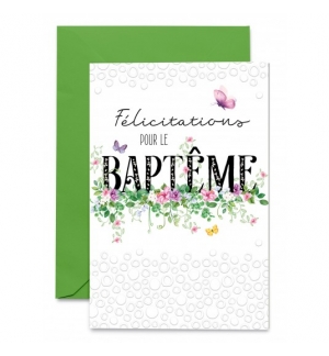 Carte Baptême Branche de fleurs colorées et papillons