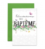 Carte Baptême Branche de fleurs colorées et papillons