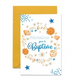 Carte Baptême Couronne de fleurs oranges et étoiles