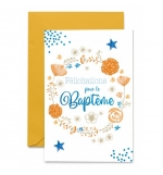 Carte Baptême Couronne de fleurs oranges et étoiles