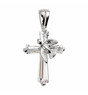 PENDENTIF CROIX ARGENT RHODIÉ AVEC COLOMBE OXYDES BLANCS SERTIS