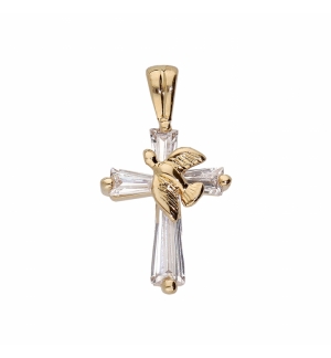 PENDENTIF CROIX PLAQUÉ OR AVEC COLOMBE OXYDES BLANCS SERTIS
