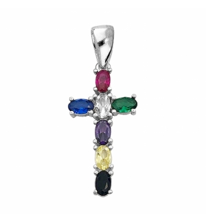 PENDENTIF CROIX ARGENT RHODIE EMPIERREE MULTI COULEUR DIM 25 MM X 13 MM