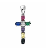PENDENTIF CROIX ARGENT RHODIE EMPIERREE MULTI COULEUR DIM 25 MM X 13 MM