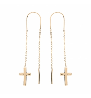 BOUCLES D'OREILLES PLAQUÉ OR 2 PENDANTS CHAINETTE CROIX