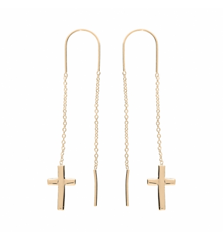 BOUCLES D'OREILLES PLAQUÉ OR 2 PENDANTS CHAINETTE CROIX
