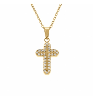 COLLIER ACIER DORÉ PENDENTIF CROIX 15 X 10MM OXYDES BLANCS SERTIS 42+5CM